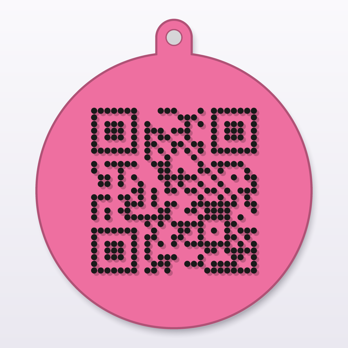 3D printed QR code μπρελόκ, στρογγυλό, μαύρος κώδικας σε ροζ πλάκα, 60 mm
